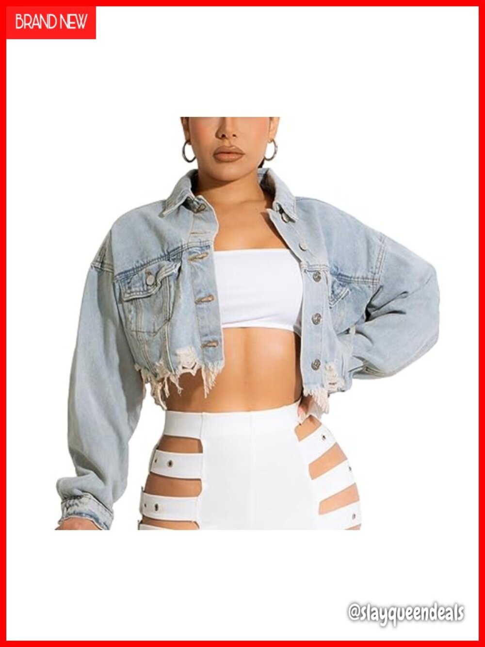 Cropped Denim Jacket Button Up Ripped Distressed Frayed Hem Women's Jean